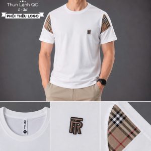 Áo thun nam cổ tròn QC – phối tay caro thêu logo (Trắng)