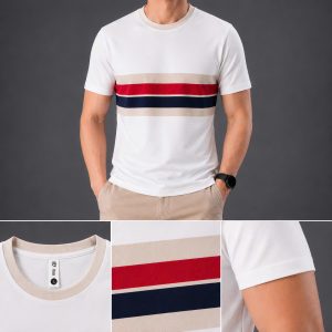 Áo thun nam cổ tròn QC – phối sọc ngực đỏ navy (Trắng)