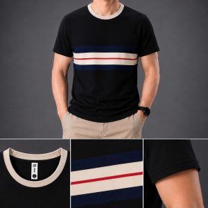 Áo thun nam cổ tròn QC – sọc ngực navy (Đen)