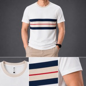 Áo thun nam cổ tròn QC – sọc ngực navy (Trắng)