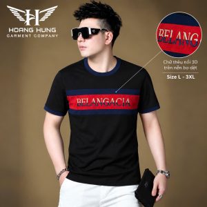 Áo thun nam cổ tròn QC – band đỏ navy thêu nổi 3D (Đen) - xưởng sỉ Hoàng Hưng