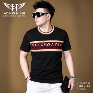 Áo thun nam cổ tròn QC – band ngực be đỏ thêu chữ (Đen) - xưởng sỉ Hoàng Hưng