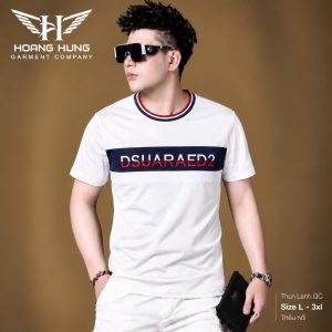 Áo thun nam cổ tròn QC – band ngực navy cổ sọc thêu chữ (Trắng) - xưởng sỉ Hoàng Hưng