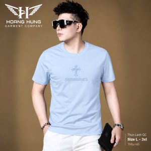 Áo thun nam cổ tròn QC – thêu nổi thánh giá (Xanh nhạt) - xưởng sỉ Hoàng Hưng