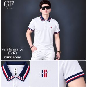 Áo thun nam cổ trụ giá sỉ 00031 - Trắng - xưởng sỉ Hoàng Hưng