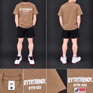 Áo thun nam phom rộng – chữ Trendy ngực (Nâu be) - xưởng sỉ Hoàng Hưng