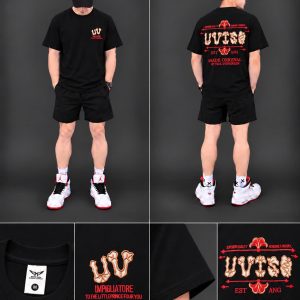 Áo thun nam phom rộng – chữ UV đỏ ngực lưng (Đen) - xưởng sỉ Hoàng Hưng