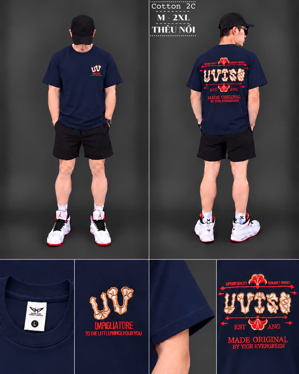 Áo thun nam phom rộng – chữ UV đỏ ngực lưng (Navy) - xưởng sỉ Hoàng Hưng