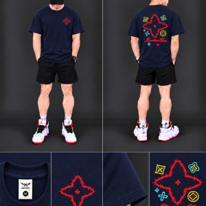 Áo thun nam phom rộng – thêu nổi hoa văn (Navy) - xưởng sỉ Hoàng Hưng