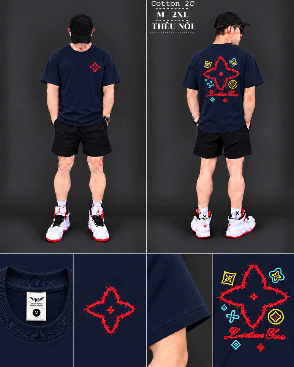 Áo thun nam phom rộng – thêu nổi hoa văn (Navy) - xưởng sỉ Hoàng Hưng