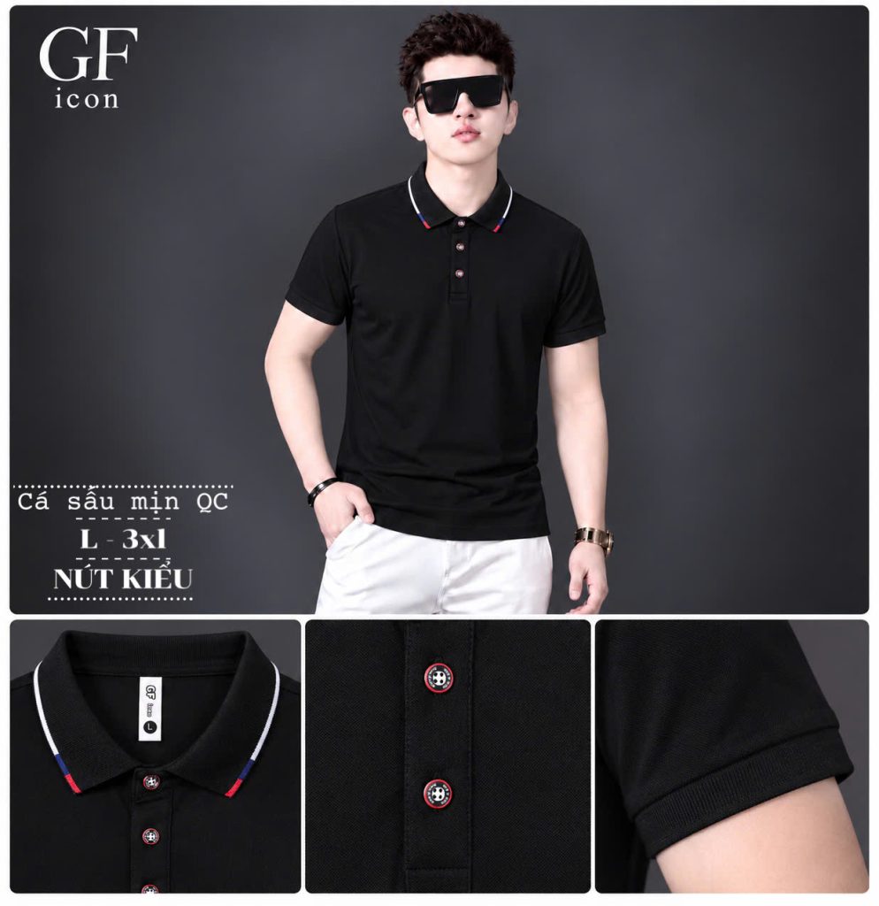 Áo cổ trụ GF ICON đen vải cá sấu mịn, nút kiểu