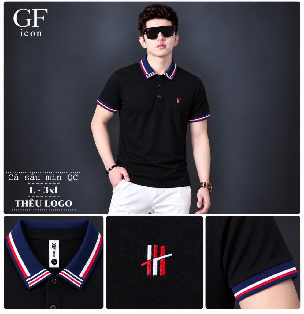 Áo cổ trụ GF ICON đen vải cá sấu mịn thêu logo, bo cổ sọc