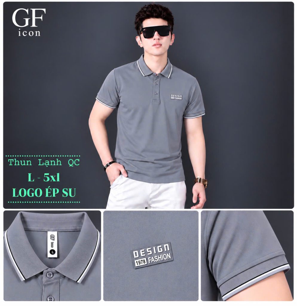 Áo cổ trụ GF ICON xám thun lạnh logo ép su, size L–5XL