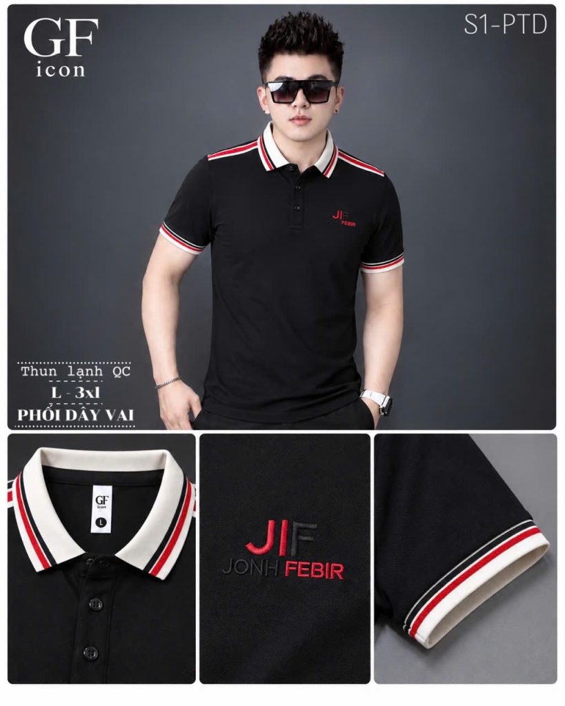 Mẫu áo thun nam cổ trụ đen phối dây vai, vải thun lạnh, size L–3XL