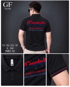 Mẫu áo thun nam hot trend cổ trụ đen thêu xù chữ lớn sau lưng