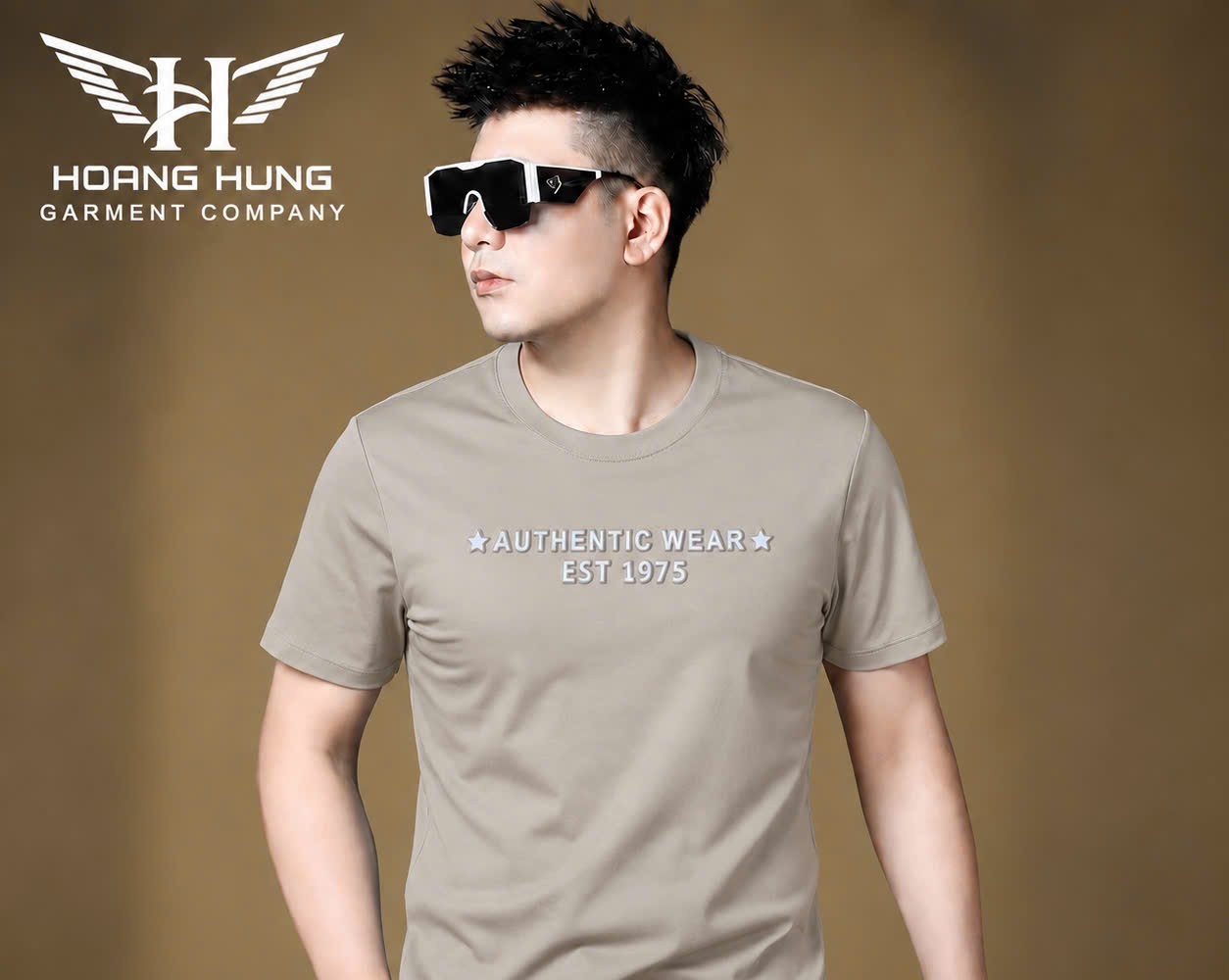 Áo thun nam cổ tròn QC – in nổi chữ ngực ngôi sao (Be) - xưởng sỉ Hoàng Hưng