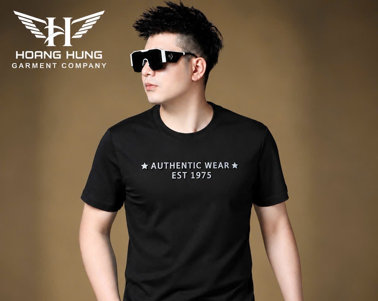 Áo thun nam cổ tròn QC – in nổi chữ ngực ngôi sao (Đen) - xưởng sỉ Hoàng Hưng