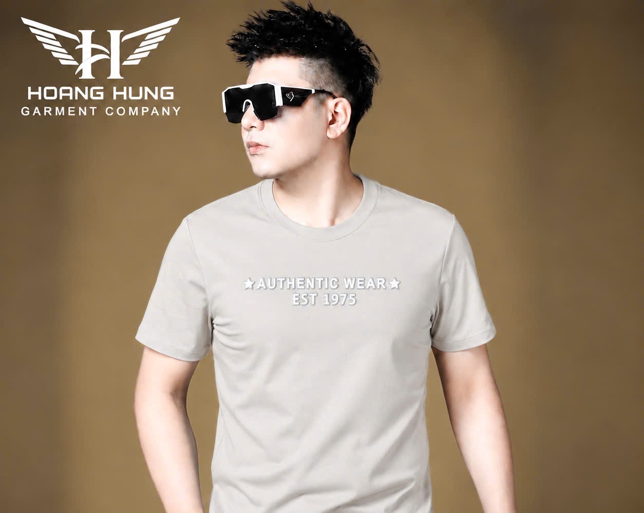 Áo thun nam cổ tròn QC – in nổi chữ ngực ngôi sao (Kem) - xưởng sỉ Hoàng Hưng