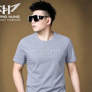 Áo thun nam cổ tròn QC – in nổi chữ ngực ngôi sao (Xám) - xưởng sỉ Hoàng Hưng