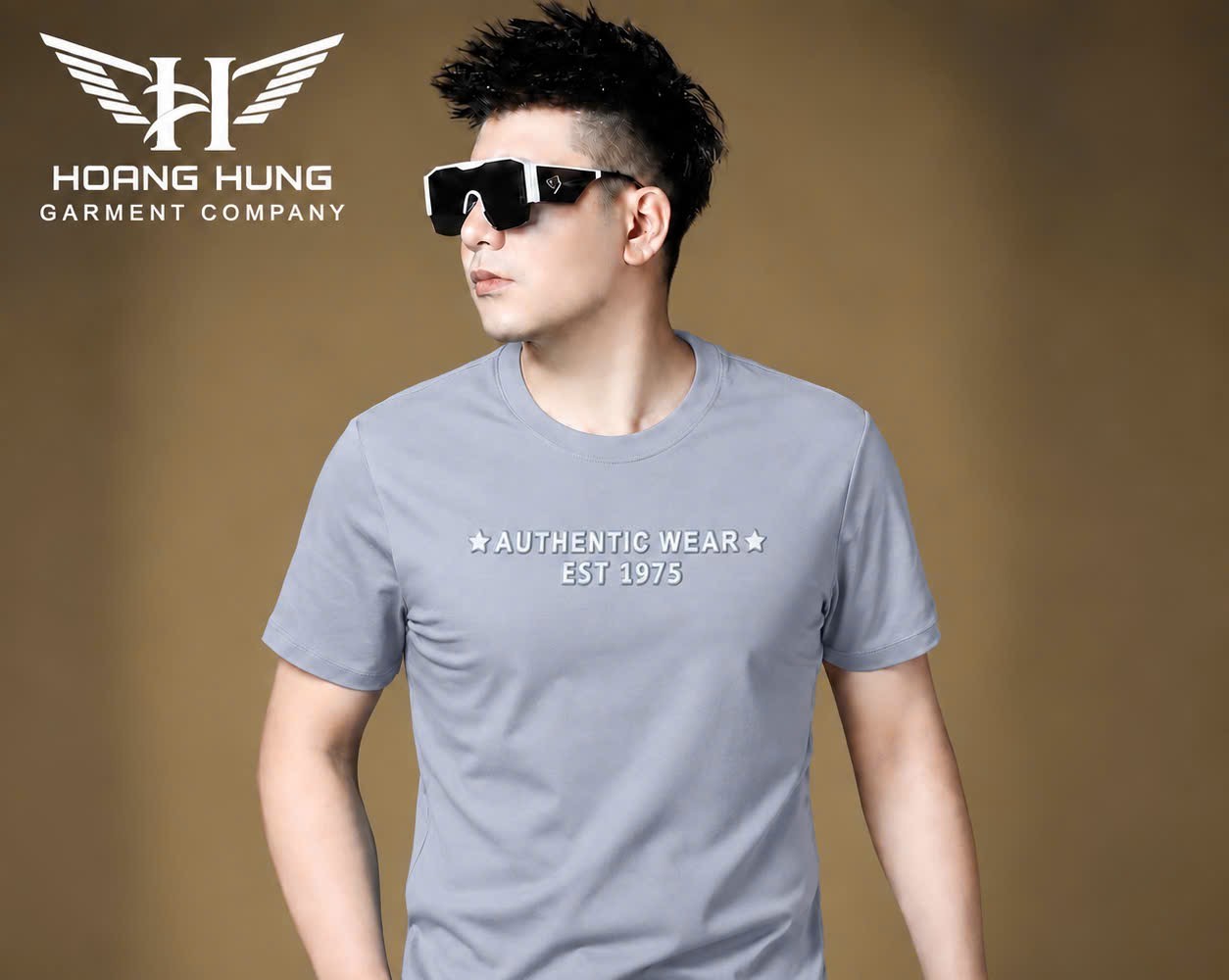 Áo thun nam cổ tròn QC – in nổi chữ ngực ngôi sao (Xám) - xưởng sỉ Hoàng Hưng