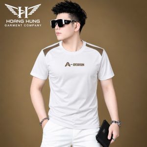 Áo thun nam cổ tròn QC – phối màu vai, in chữ nhỏ ngực (Trắng) - xưởng sỉ Hoàng Hưng