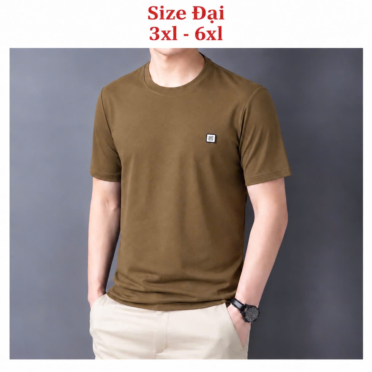 Áo thun nam cổ tròn QC – size đại gắn tem logo vuông ngực trái (Nâu) - xưởng sỉ Hoàng Hưng