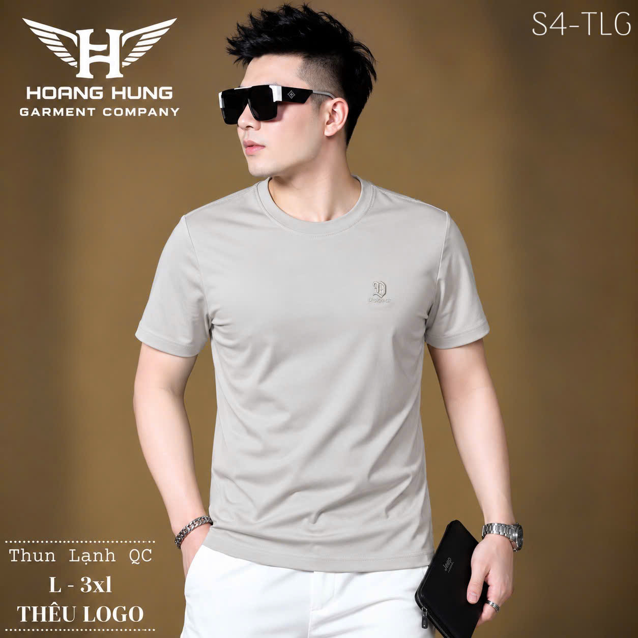 Áo thun nam cổ tròn QC – thêu logo chữ D nhỏ ngực trái (Be) - xưởng sỉ Hoàng Hưng