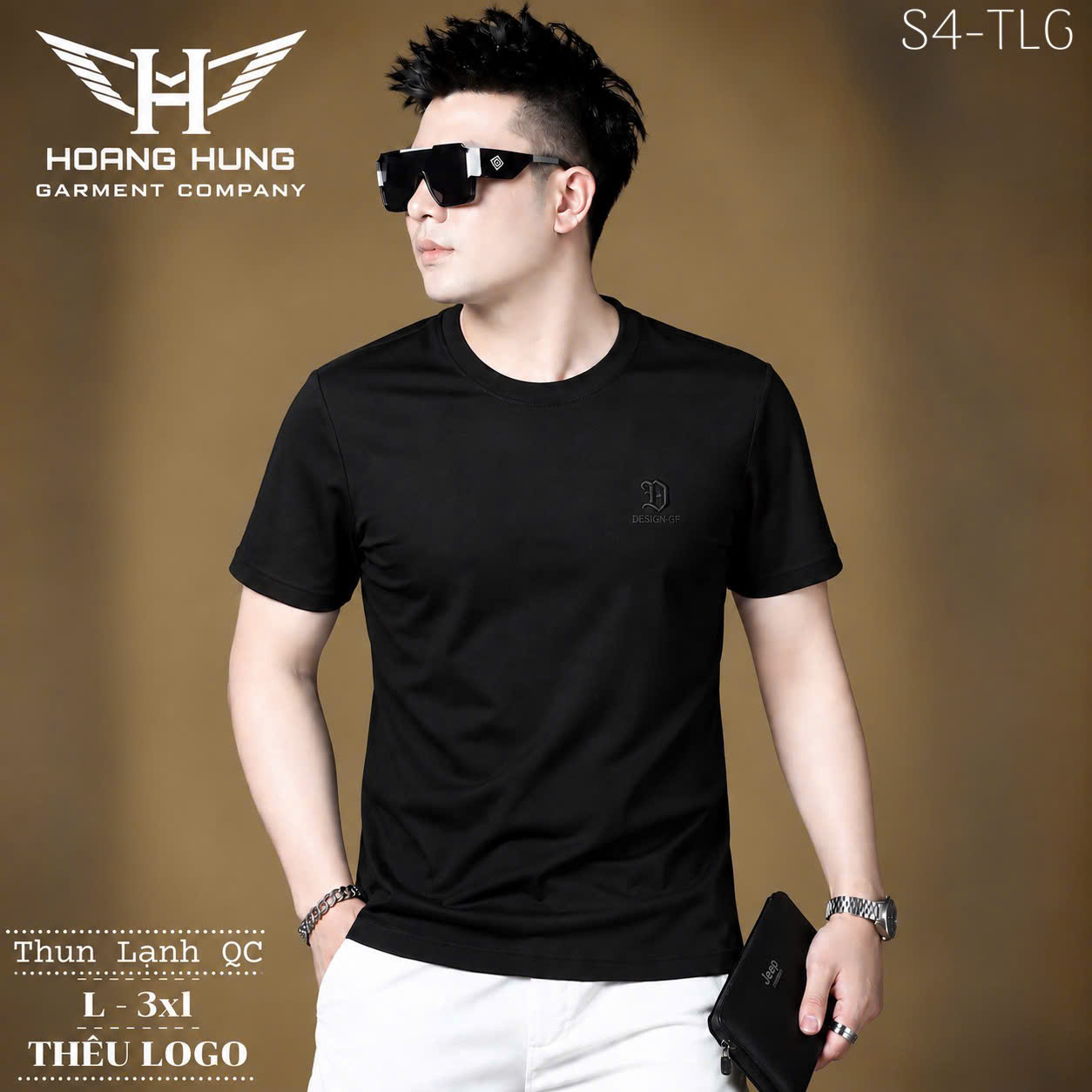 Áo thun nam cổ tròn QC – thêu logo chữ D nhỏ ngực trái (Đen) - xưởng sỉ Hoàng Hưng