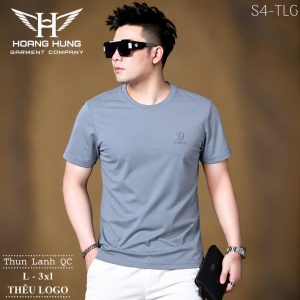 Áo thun nam cổ tròn QC – thêu logo chữ D nhỏ ngực trái (Xám xanh) - xưởng sỉ Hoàng Hưng