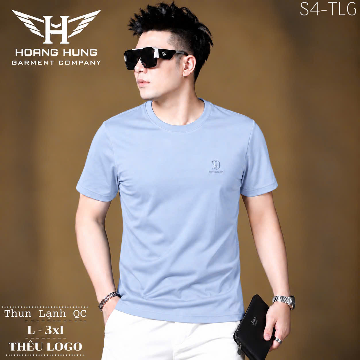 Áo thun nam cổ tròn QC – thêu logo chữ D nhỏ ngực trái (Xanh nhạt) - xưởng sỉ Hoàng Hưng
