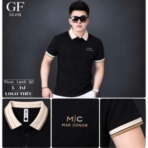 Áo thun nam cổ trụ giá sỉ 00023 – thêu logo chữ MC ngực, cổ kẻ kem (Đen) - xưởng sỉ Hoàng Hưng
