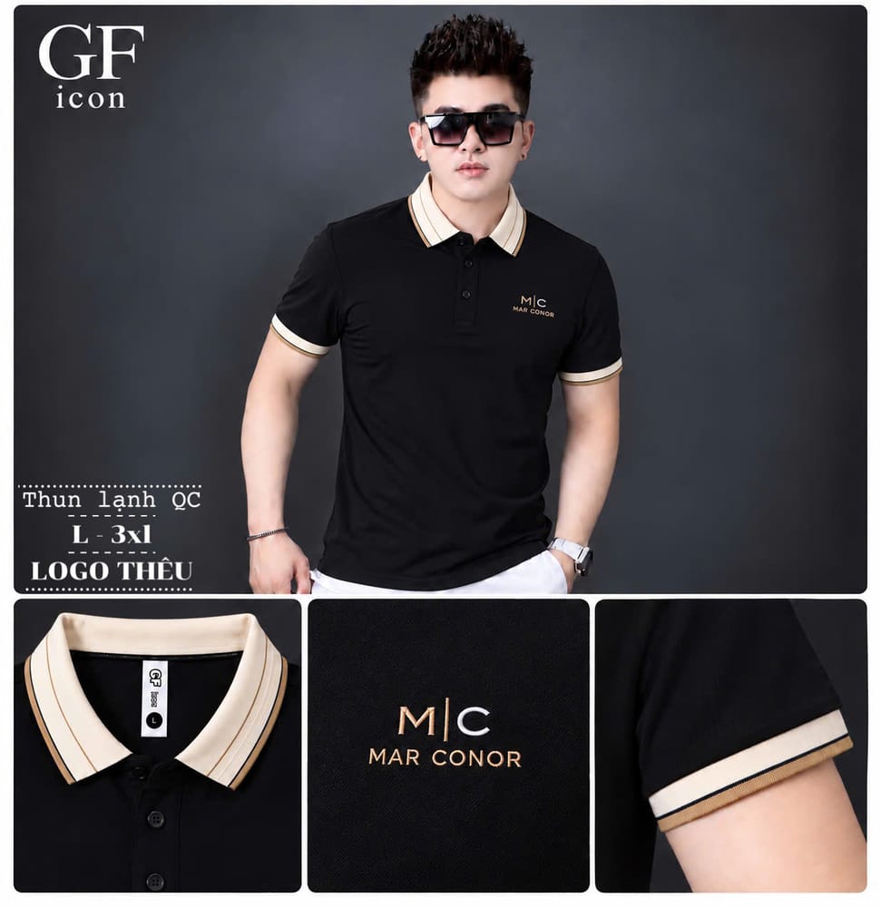 Áo thun nam cổ trụ giá sỉ 00023 – thêu logo chữ MC ngực, cổ kẻ kem (Đen) - xưởng sỉ Hoàng Hưng