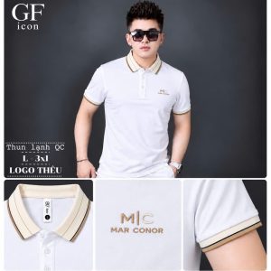 Áo thun nam cổ trụ giá sỉ 00023 – thêu logo chữ MC ngực, cổ kẻ kem (Trắng) - xưởng sỉ Hoàng Hưng