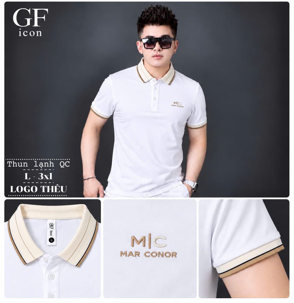 Áo thun nam cổ trụ giá sỉ 00023 – thêu logo chữ MC ngực, cổ kẻ kem (Trắng) - xưởng sỉ Hoàng Hưng