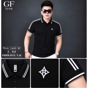 Áo thun nam cổ trụ giá sỉ 00025 – phối dây vai, logo ngôi sao ngực (Đen) - xưởng sỉ Hoàng Hưng