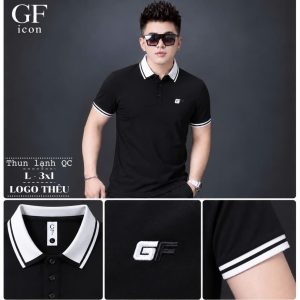 Áo thun nam cổ trụ giá sỉ 00026 – logo GF ngực, bo cổ viền trắng (Đen) - xưởng sỉ Hoàng Hưng