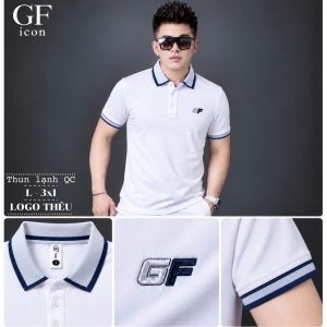 Áo thun nam cổ trụ giá sỉ 00026 – logo GF ngực, bo cổ viền trắng (Trắng) - xưởng sỉ Hoàng Hưng
