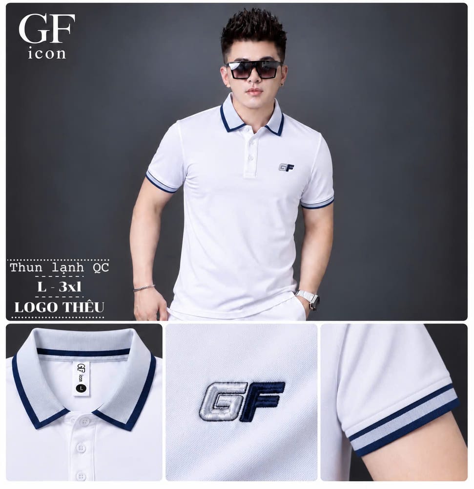 Áo thun nam cổ trụ giá sỉ 00026 – logo GF ngực, bo cổ viền trắng (Trắng) - xưởng sỉ Hoàng Hưng