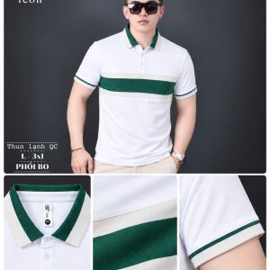 Áo thun nam cổ trụ giá sỉ 00037 – phối bo ngực xanh lá – trắng (Trắng) - xưởng sỉ Hoàng Hưng