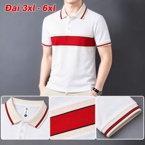 Áo thun nam cổ trụ giá sỉ 00038 – size đại phối bản ngang ngực đỏ viền kem (Trắng) - xưởng sỉ Hoàng Hưng
