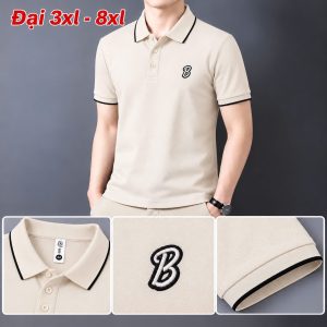 Áo thun nam cổ trụ giá sỉ 00039 – size đại thêu logo chữ B nổi ngực trái (Be) - xưởng sỉ Hoàng Hưng