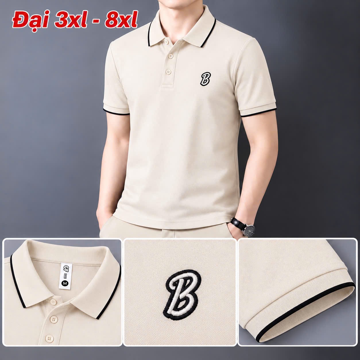 Áo thun nam cổ trụ giá sỉ 00039 – size đại thêu logo chữ B nổi ngực trái (Be) - xưởng sỉ Hoàng Hưng