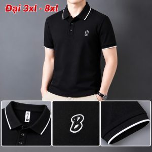 Áo thun nam cổ trụ giá sỉ 00039 – size đại thêu logo chữ B nổi ngực trái (Đen) - xưởng sỉ Hoàng Hưng