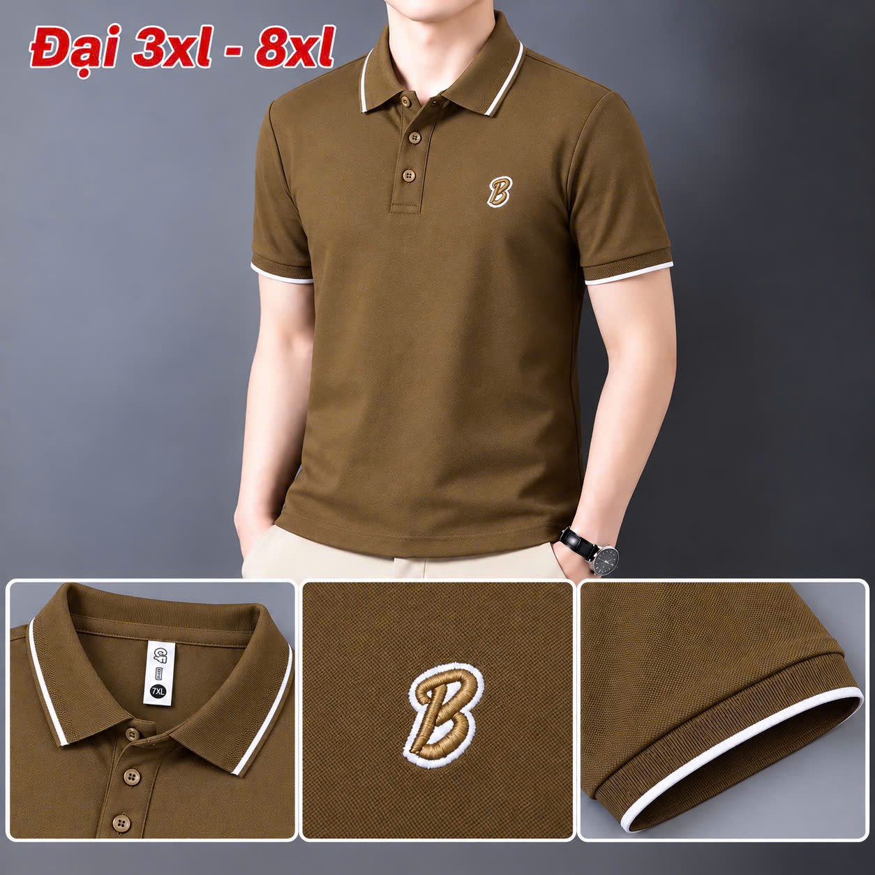 Áo thun nam cổ trụ giá sỉ 00039 – size đại thêu logo chữ B nổi ngực trái (Nâu) - xưởng sỉ Hoàng Hưng