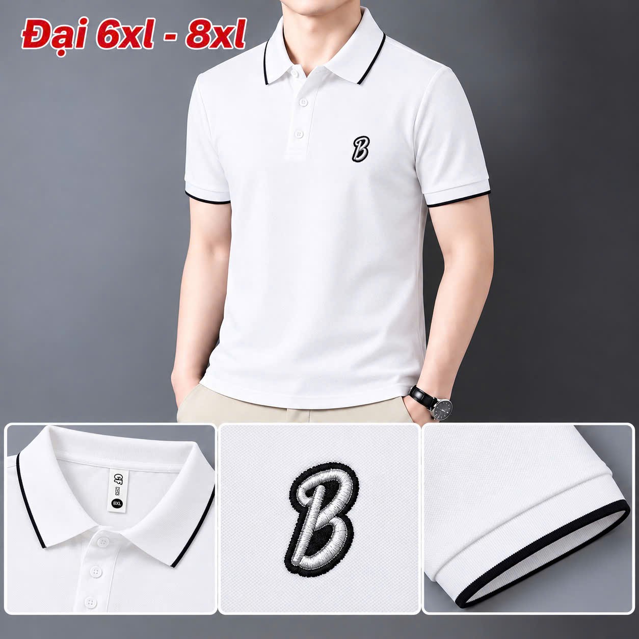 Áo thun nam cổ trụ giá sỉ 00039 – size đại thêu logo chữ B nổi ngực trái (Trắng) - xưởng sỉ Hoàng Hưng