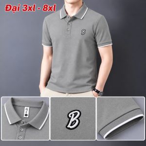 Áo thun nam cổ trụ giá sỉ 00039 – size đại thêu logo chữ B nổi ngực trái (Xám) - xưởng sỉ Hoàng Hưng