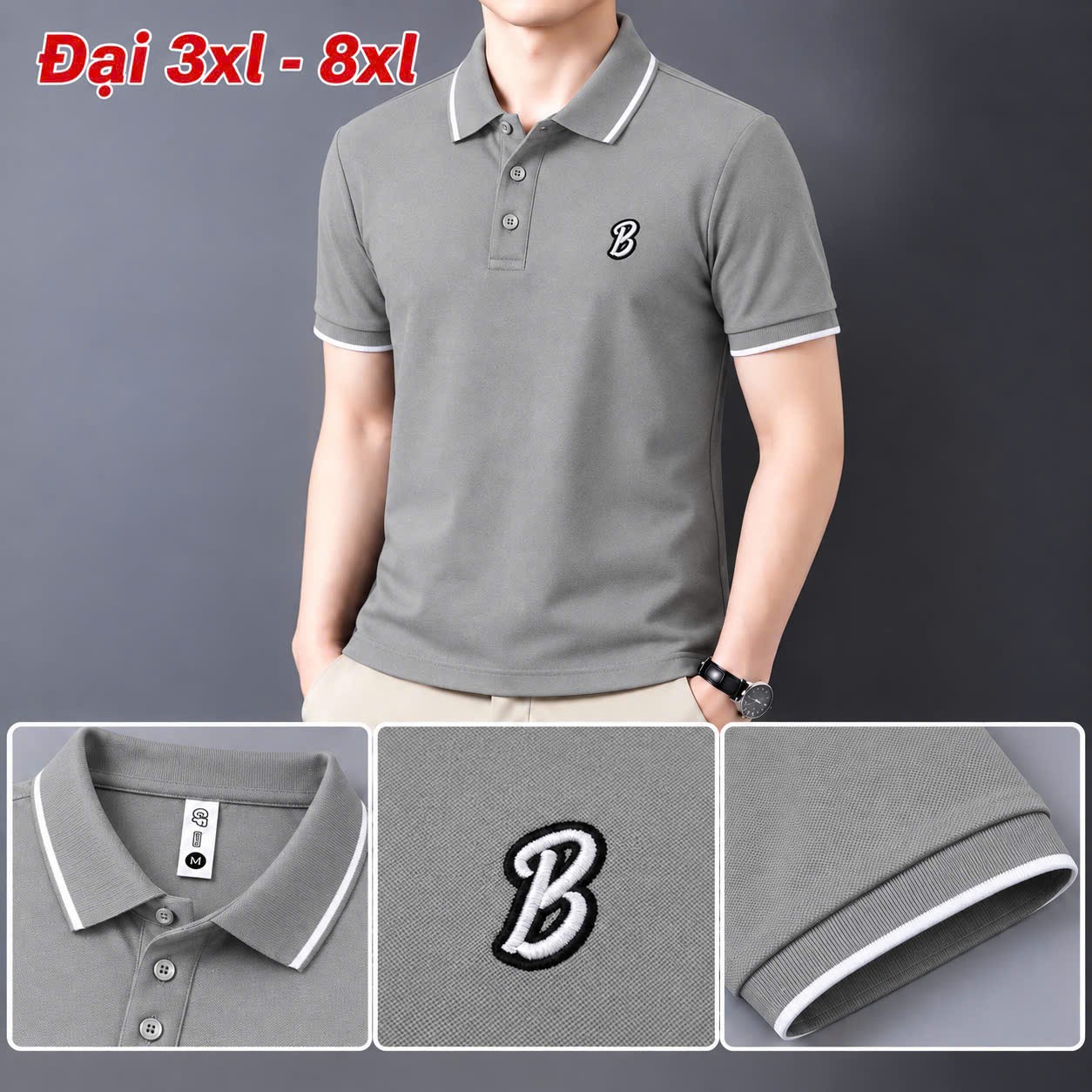 Áo thun nam cổ trụ giá sỉ 00039 – size đại thêu logo chữ B nổi ngực trái (Xám) - xưởng sỉ Hoàng Hưng