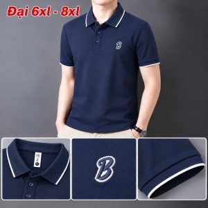 Áo thun nam cổ trụ giá sỉ 00039 – size đại thêu logo chữ B nổi ngực trái (Xanh than) - xưởng sỉ Hoàng Hưng