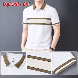 Áo thun nam cổ trụ giá sỉ 00041 – size đại phối bản ngang ngực viền be – nâu (Trắng) - xưởng sỉ Hoàng Hưng