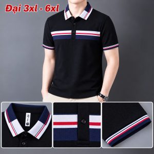 Áo thun nam cổ trụ giá sỉ 00042 – size đại phối bản ngực sọc đỏ – xanh than (Đen) - xưởng sỉ Hoàng Hưng